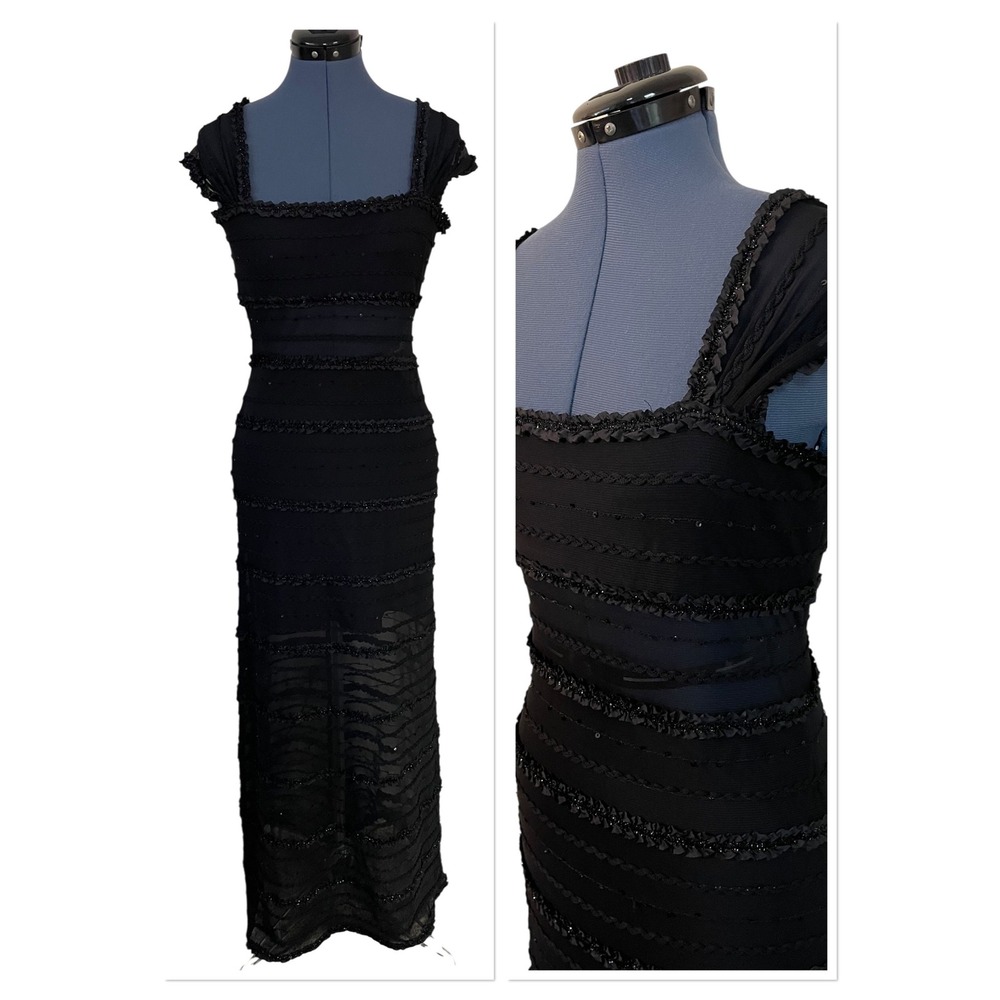 Tadashi Black Beaded Ruffle Tiered Sheer Mesh Bands Maxi Formal Dress Y2K Prom S